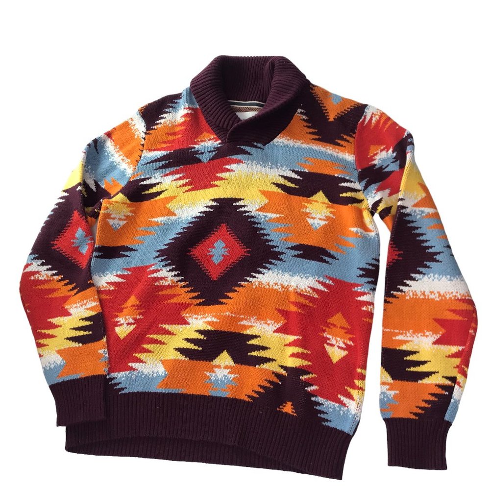 SUN + STONE Cowl Neck Sweater.  Maroon / Orange / Red / White / Blue.  New Mexic